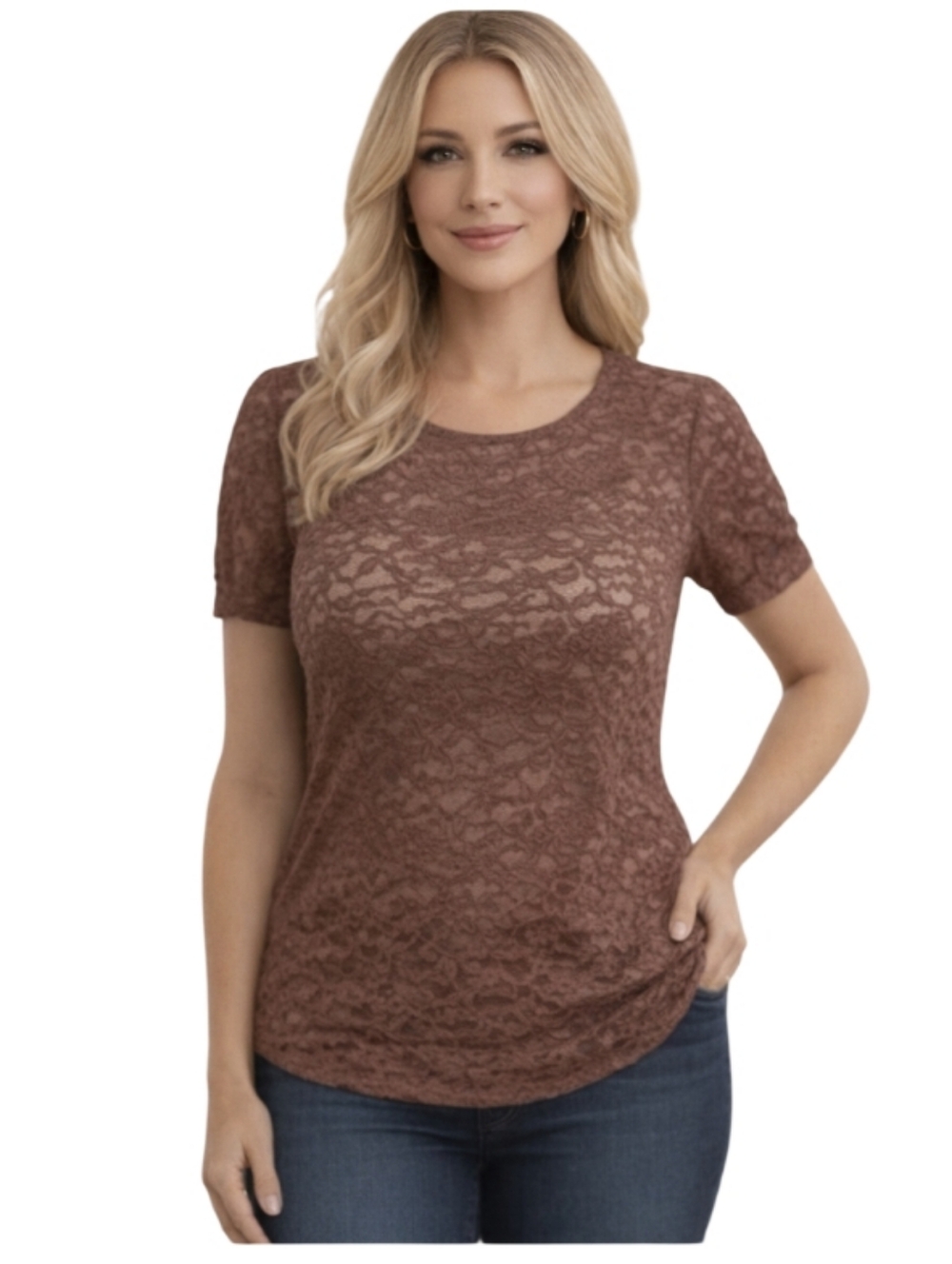 "Moda International " Feminine & Sexy Size (L) Lacey Brown Dressy Top Like New!